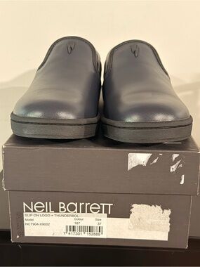 Neil Barrett Navy Slip-On Logo Leather Loafers